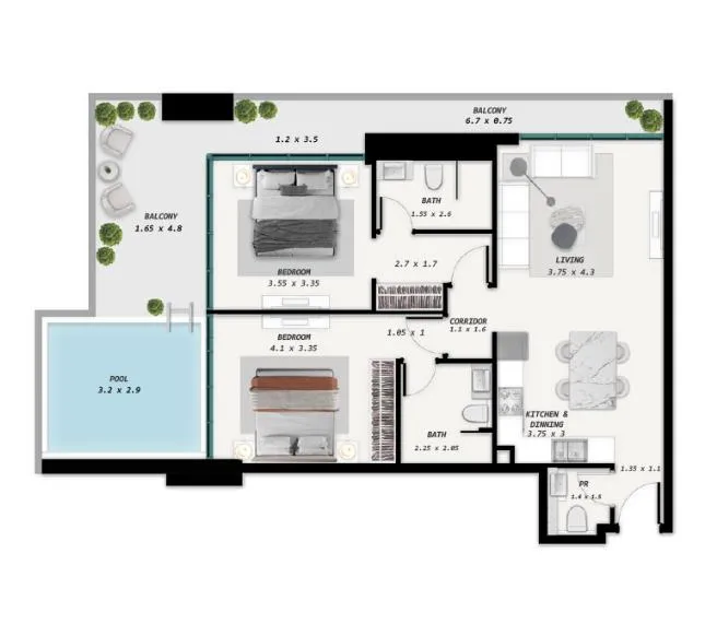 2.0 bedrooms apartments -  Samana Park Meadows